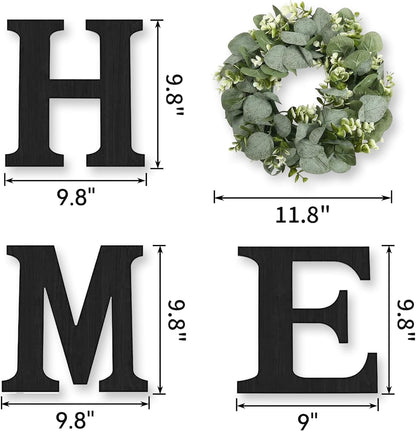 Pinkpum Wood Home Sign with Artificial Eucalyptus Wreath for O, Hanging Farmhouse Wall House Decor Wood Letters for Wall Art Rustic Home Decor, Wall Decor for Living Room Kitchen Entryway (Black)