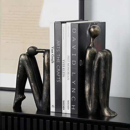 Resin Book Ends, Abstract Thinker Modern Minimalist Decorative Sculpture Bookends, Non-Slip Heavy Duty Bookends for Shelves for Home Office Shelves Desk, Set of 2 (Brown & White)