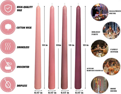 12-Pack Earth Tone Taper Candles, 10 Inch Unscented Dripless Candlesticks, Long-Lasting Burn Time of 7-8 Hours, Perfect for Fall Harvest Halloween Thanksgiving Dinners Parties and Home Décor