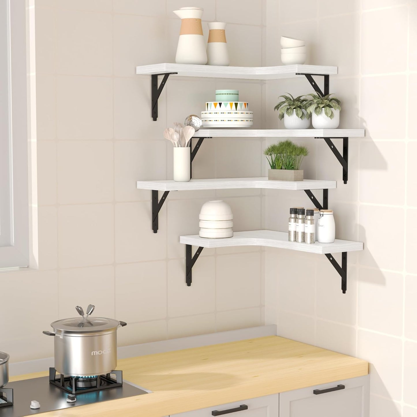 ROMGUAR CRAFT Corner Floating Shelves Wall Mounted Set of 4, Rustic Wood Storage Display Shelves for Home Decor, Bathroom, Kitchen, Bedroom, Living Room, Office (Black)