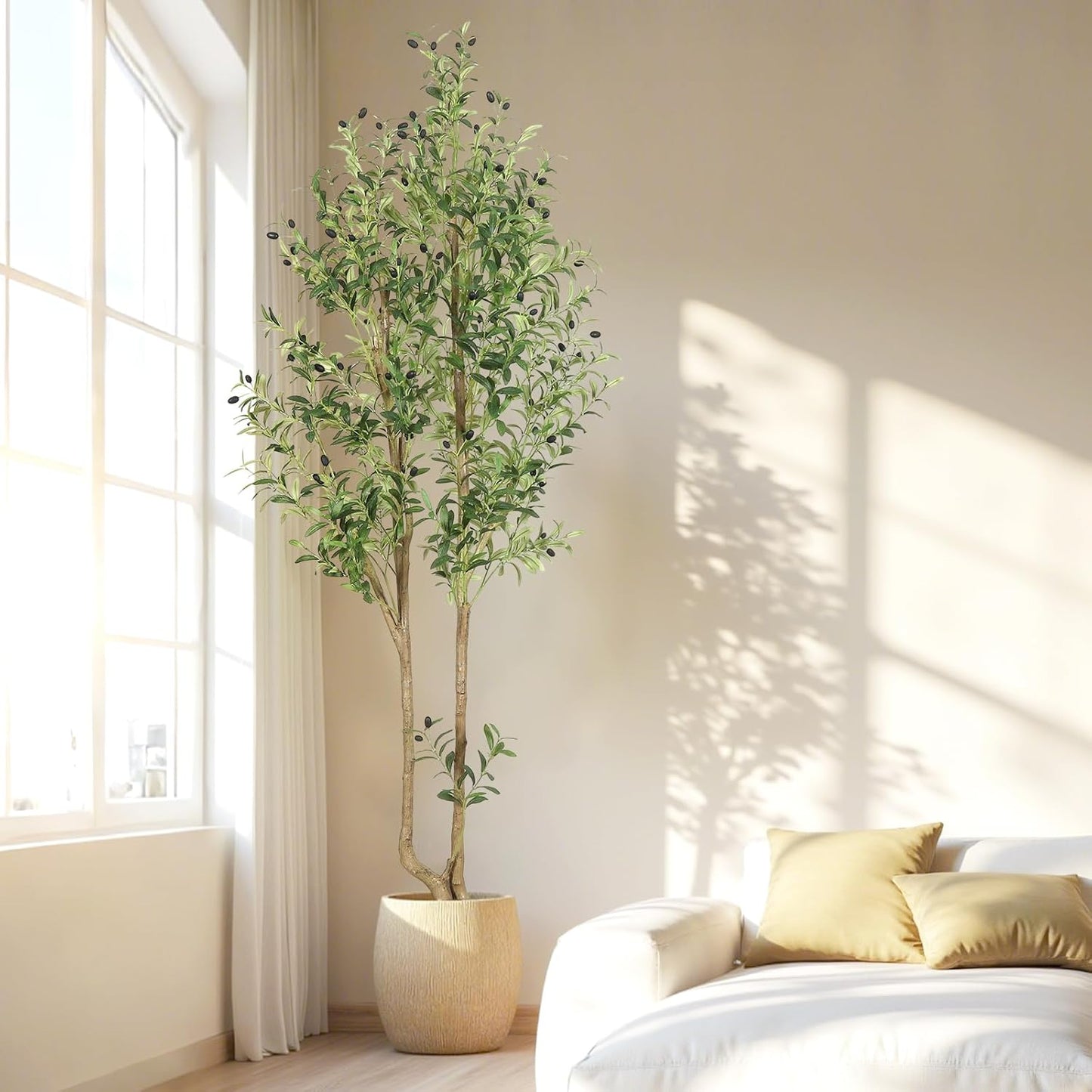 HZXGCP 6ft Artificial Olive Tree Indoor, Fake Olive Tree with White Pot, Faux Olive Tree with Dense Leaves & Realistic Fruits, Tall Artificial Plant for Home Living Room Office Entryway Decor