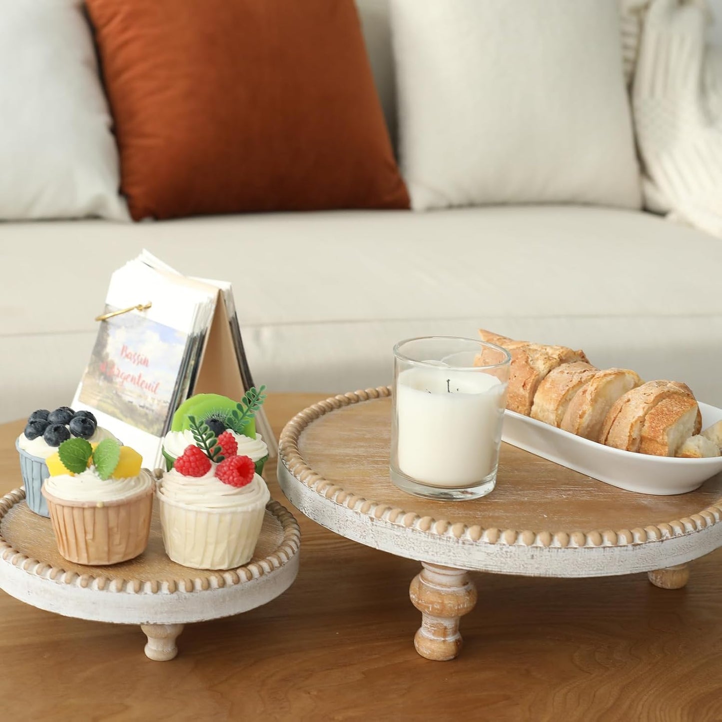 SwallowLiving Rustic Round Wood Tray Riser Farmhouse Pedestal Stand With Beaded Edge for Decor Wooden Finish Cupcake Display for Cakes and Decorative Items 11.8 inches