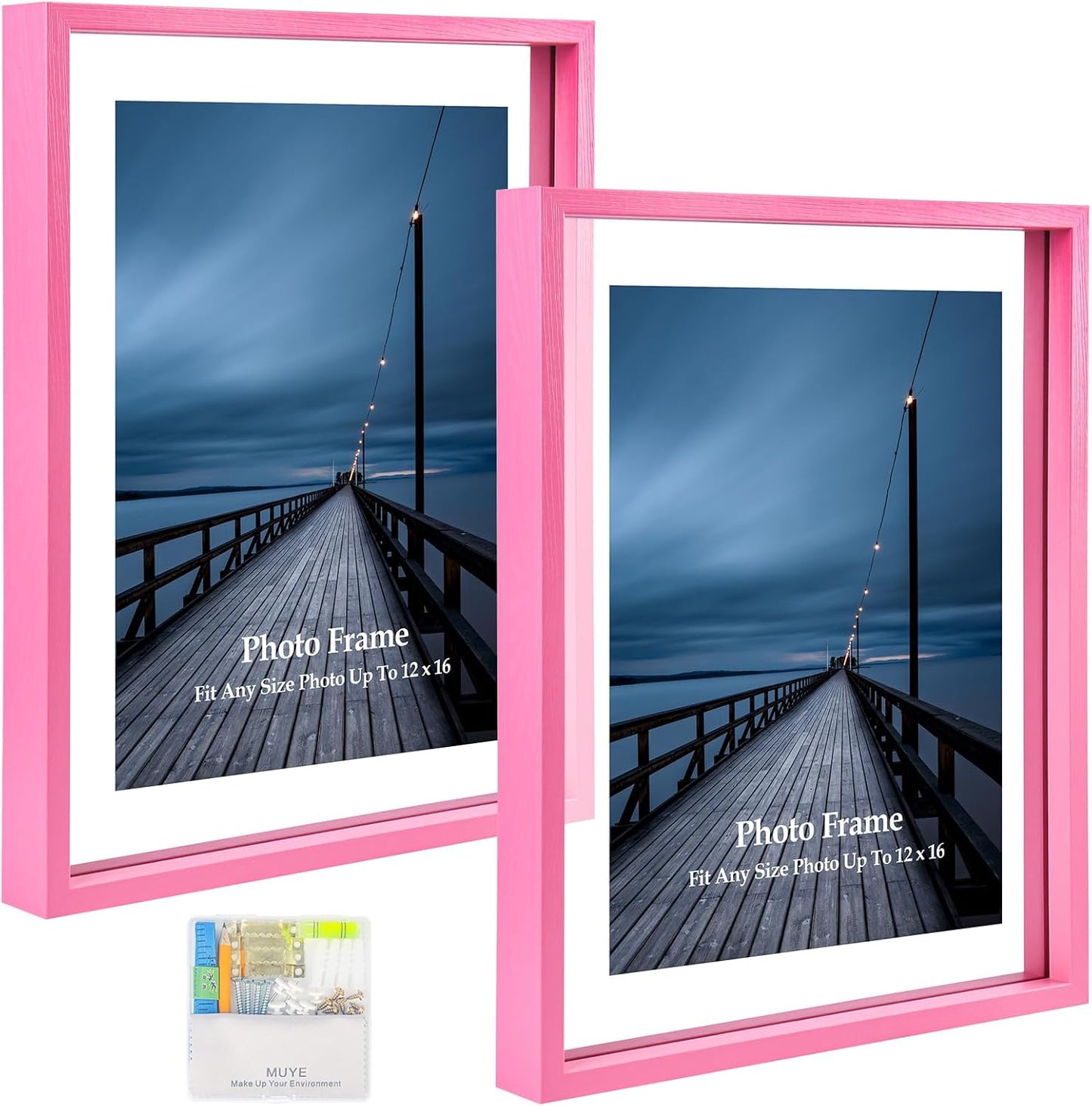 MUYE 11x14 Floating Frame Set of 2,Double Glass Rustic Frame,Display Any Size Photo up to 11x14,Wall Mount or Tabletop Standing,Natural
