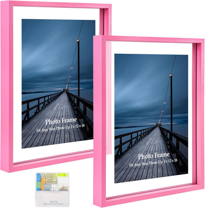 MUYE 11x14 Floating Frame Set of 2,Double Glass Rustic Frame,Display Any Size Photo up to 11x14,Wall Mount or Tabletop Standing,Natural