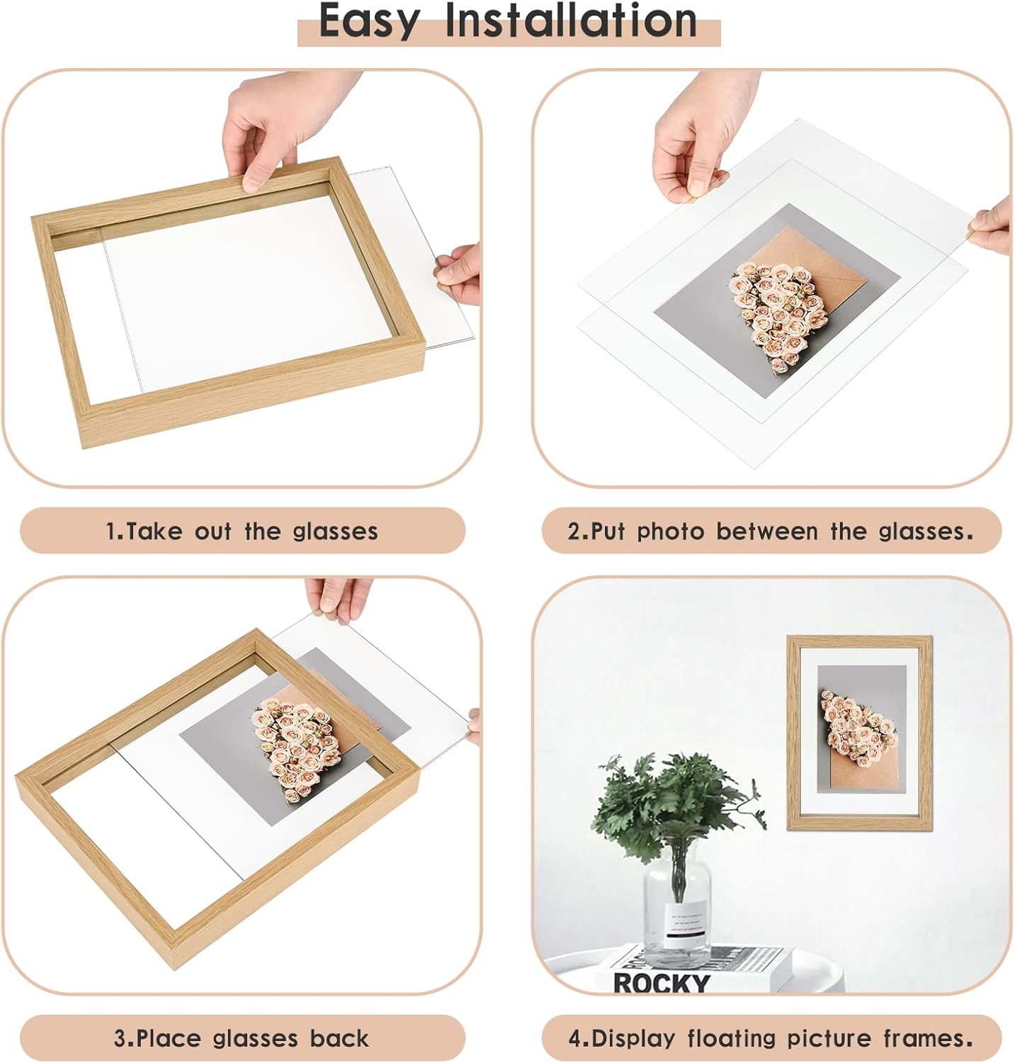 MUYE 11x14 Floating Frame Set of 2,Double Glass Rustic Frame,Display Any Size Photo up to 11x14,Wall Mount or Tabletop Standing,Natural