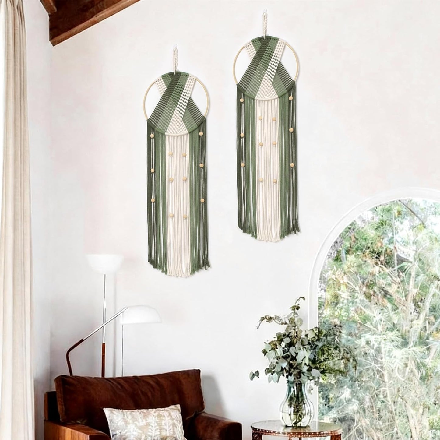 LB Boho Macrame Wall Hanging - Green and Beige Handmade Cotton Woven Decor, Modern Geometric Bohemian Tapestry Wall Decor for Bedroom Living Room Home (31.5"x9.84") Nature-Inspired Room Decor
