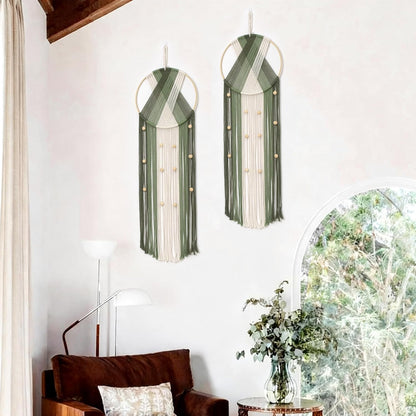 LB Boho Macrame Wall Hanging - Green and Beige Handmade Cotton Woven Decor, Modern Geometric Bohemian Tapestry Wall Decor for Bedroom Living Room Home (31.5"x9.84") Nature-Inspired Room Decor