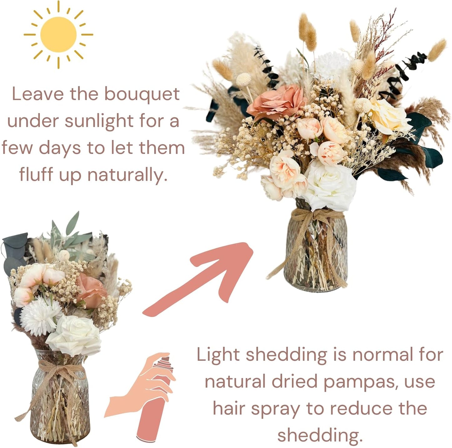 100pcs Artificial Flowers Arrangement With Vase Included, Dining Table Centerpiece Decorations, Fake Flowers in Vase, Dried Pampas Grass Floral Centerpieces, Coffee Table Decor, Centro de Mesa