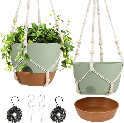 Vanslogreen Hanging Planters for Indoor Outdoor Plants, 2 Pack Self Watering Hanging Pot with Drainage Holes & Removable Tray (Black, 8'')