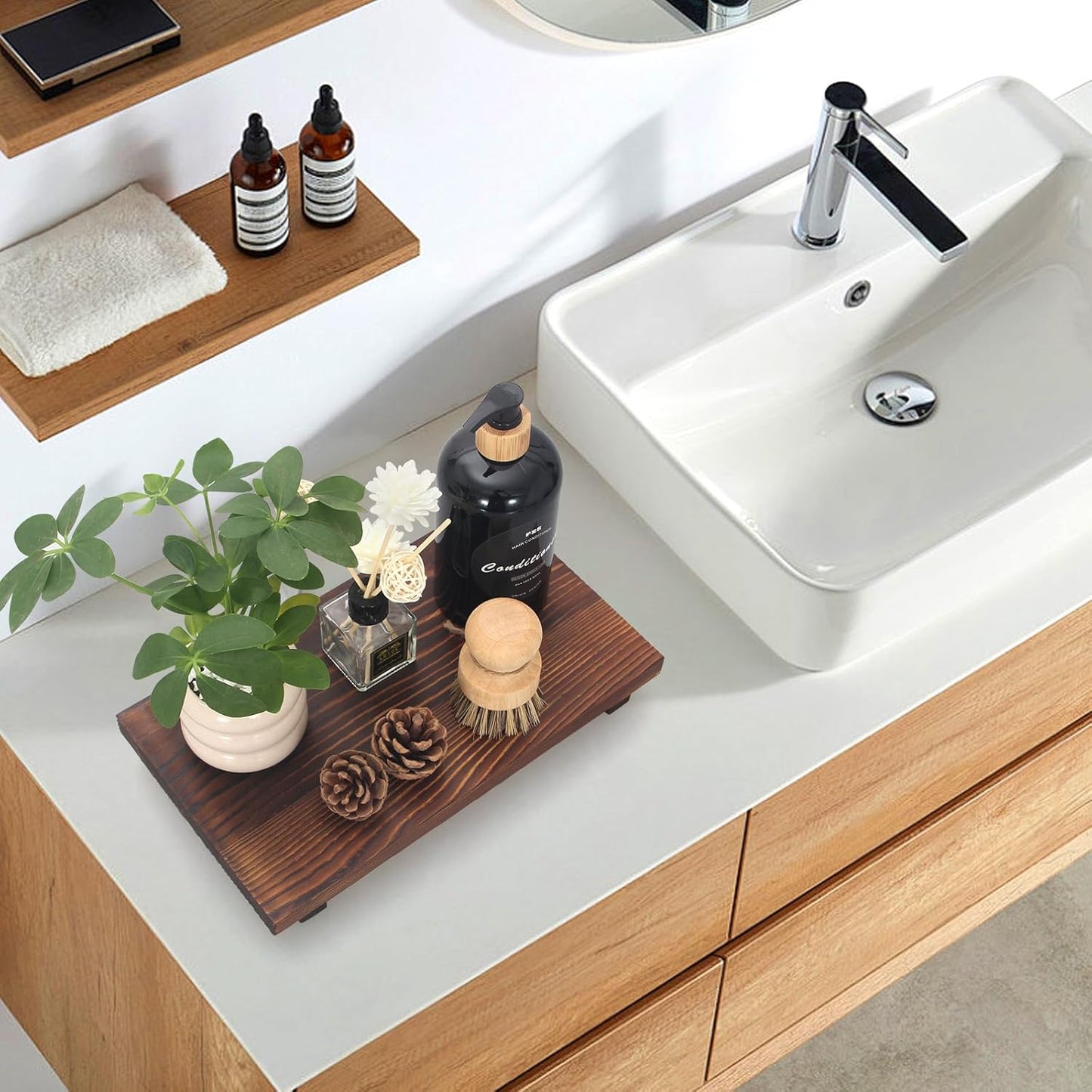 Black Bathroom Vanity Organizer Tray for Countertop Small Wooden Pedestal Stand Farmhouse Kitchen Sink Tray Decorative Hand Soap Dish Dispenser Holder Wood Risers Modern Bathroom Decor Accessories