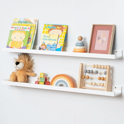 FLYJOE Picture Ledge Shelf, Floating Shelves Set of 2, Solid Pine Wood 55'' Long Large Nursery Book Shelves for Toys Storage, Kids Bookshelf for Living Room Bedroom Decor Books Photo Frames, Walnut