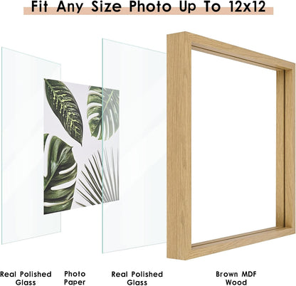 MUYE 11x14 Floating Frame Set of 2,Double Glass Rustic Frame,Display Any Size Photo up to 11x14,Wall Mount or Tabletop Standing,Natural