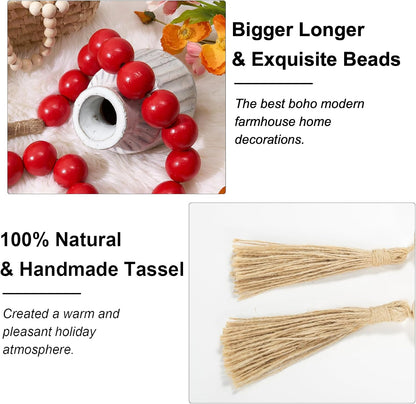 OMISHE Extra Large Wood Bead Garland with 1.6" Diameter Wooden Beads and Tassels, 41" Long Rustic Farmhouse Country Decorative Beads for Home Tiered Tray Decor, Natural Beige