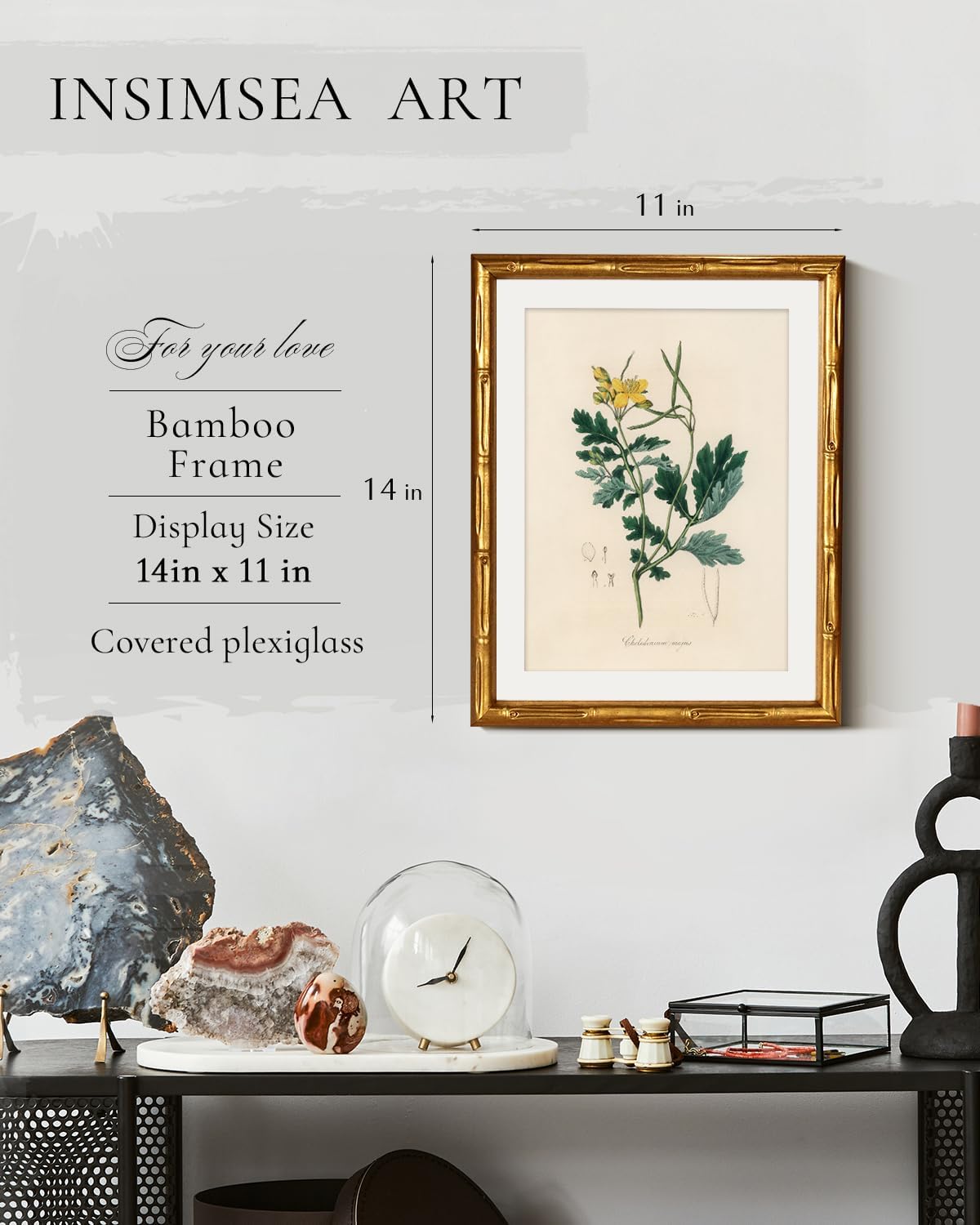 InSimSea Gold Bamboo Framed Canvas Wall Art, Retro Blue Hydrangea Botanical Prints, Antique Flowers Picture Frame with Mat, Victorian Home Wall Decor for Kitchen Living Room Bedroom, 11x14inch