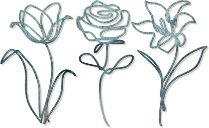 Oubasa Metal Flowers Wall Art Set of 3, Farmhouse Floral Home Decoration, Modern Line Art Flower Wall Decor for Living Room Bedroom Bathroom, Minimalist Botanical Wall Sculpture – Lily, Tulip, Rose