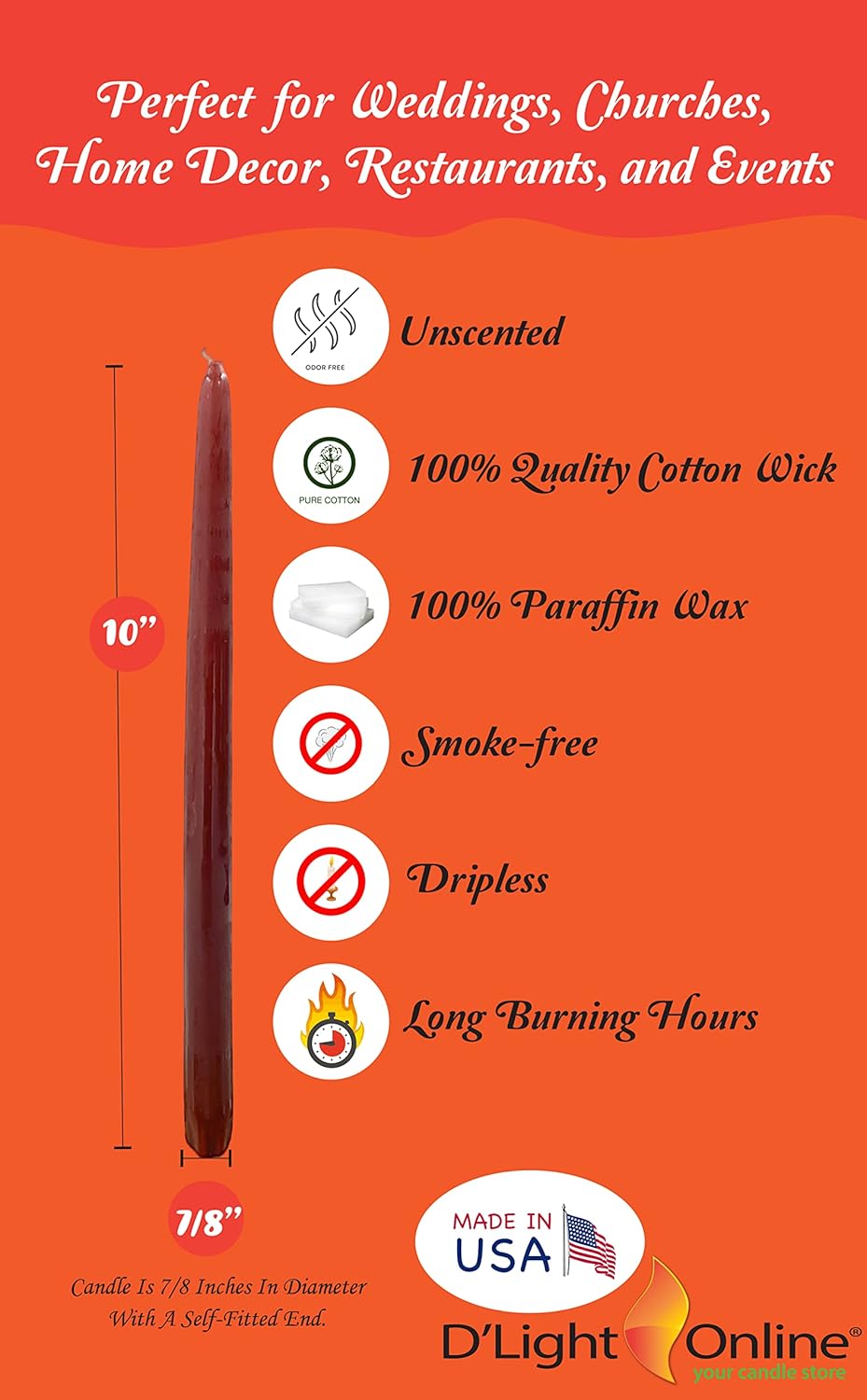 D'light Online White Taper Candles, 10 Inch Premium Quality Candles Hand-Dipped Tapered Candles, Dripless, Smokeless and Unwrapped Bulk Pack for Events - Set of 12 (10 Inch, White)