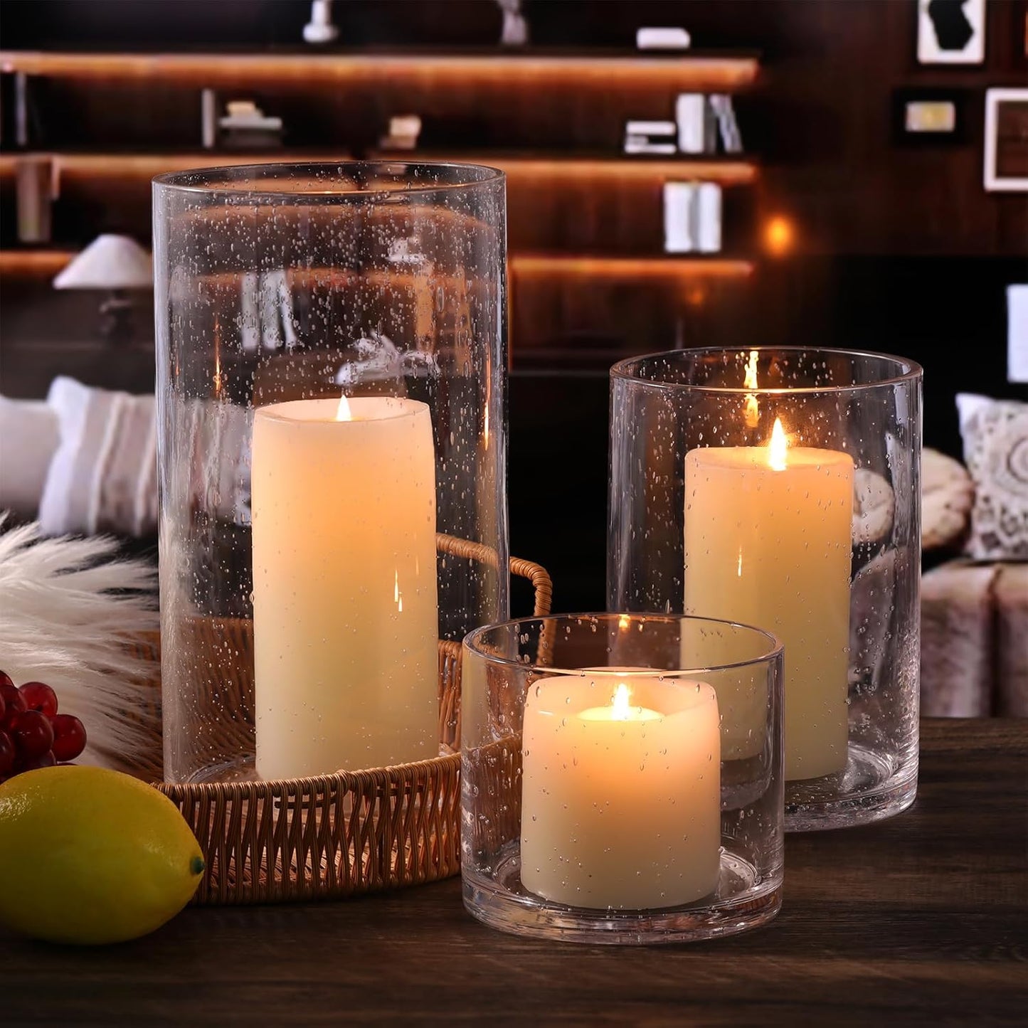 NITIME Hurricane Candle Holder Set of 3 Clear Candle Holders for Pillar Candles, Seeded Bubbles Glass Candle Holder for table centerpiece, Glass Cylinder Vases for Home, Patio and Wedding 8"4.7"3.5"H