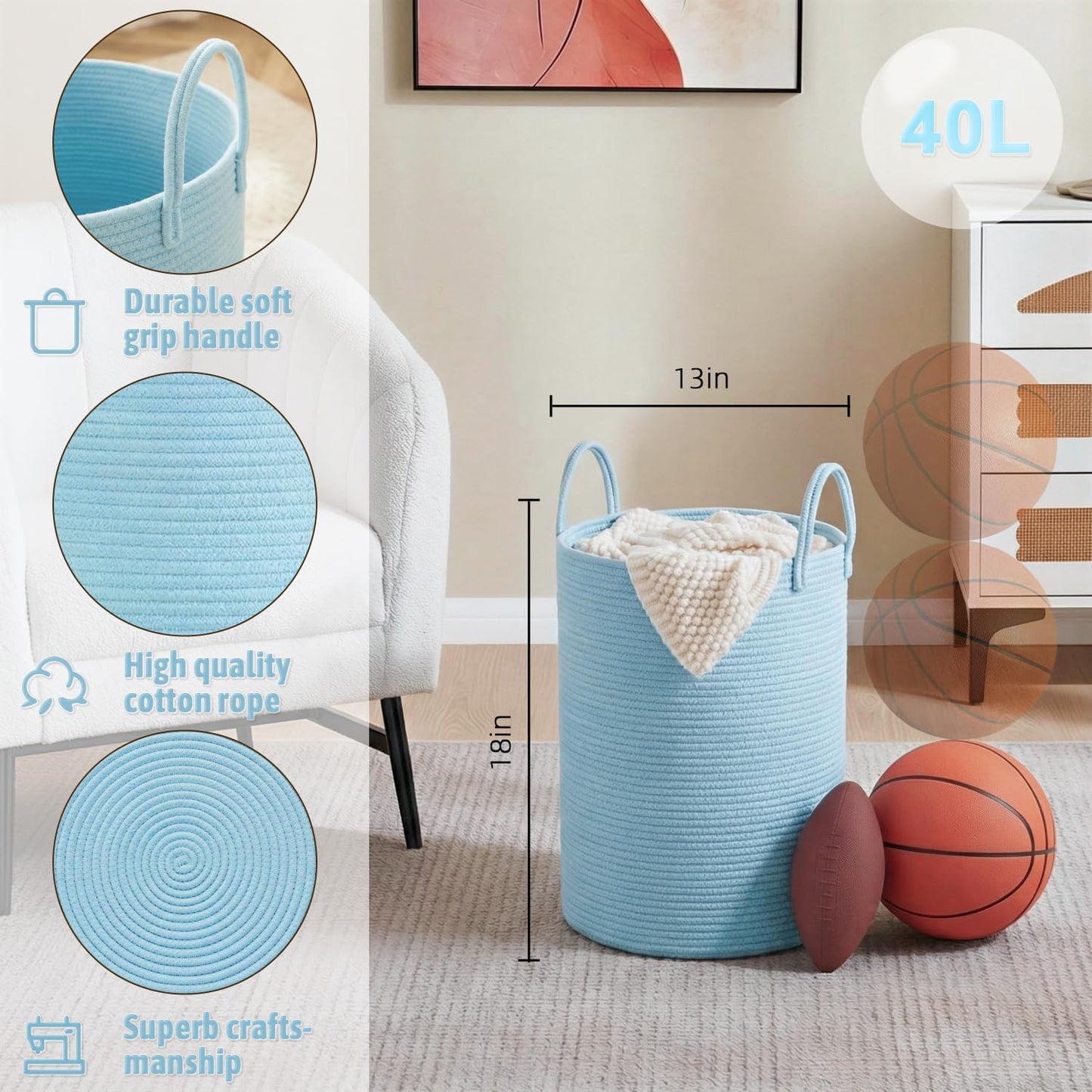 Artfeel Laundry Basket,Woven Cotton Rope Laundry Hamper,60L for Decor Storage of Dirty Clothes,Toys and Blankets in Bathroom,Baby Room and Living Room