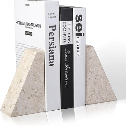Karibiber Travertine Bookends for Heavy Books, Marble Decorative Bookends for Shelves, Heavy-Duty Stone Book Ends for Hardback Book & Cookbooks, Unique Book Stopper & Holder, Travertino Italy