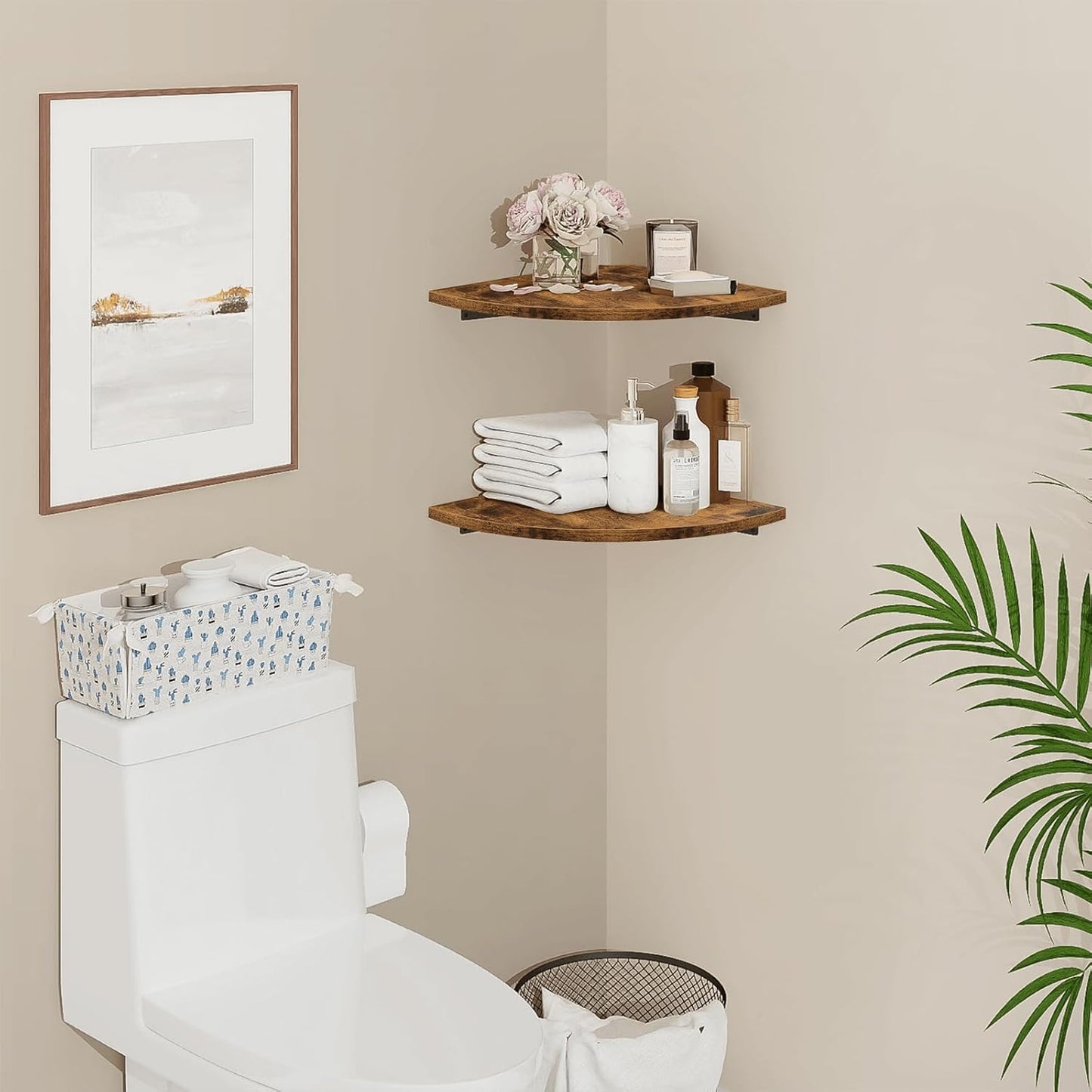 Homode Corner Wall Shelf, 12 in Wide Rounded Corner Shelf Floating, Set of 2 Wooden Hanging Corner Shelves with Wire Hole for Bathroom Living Room Office, White