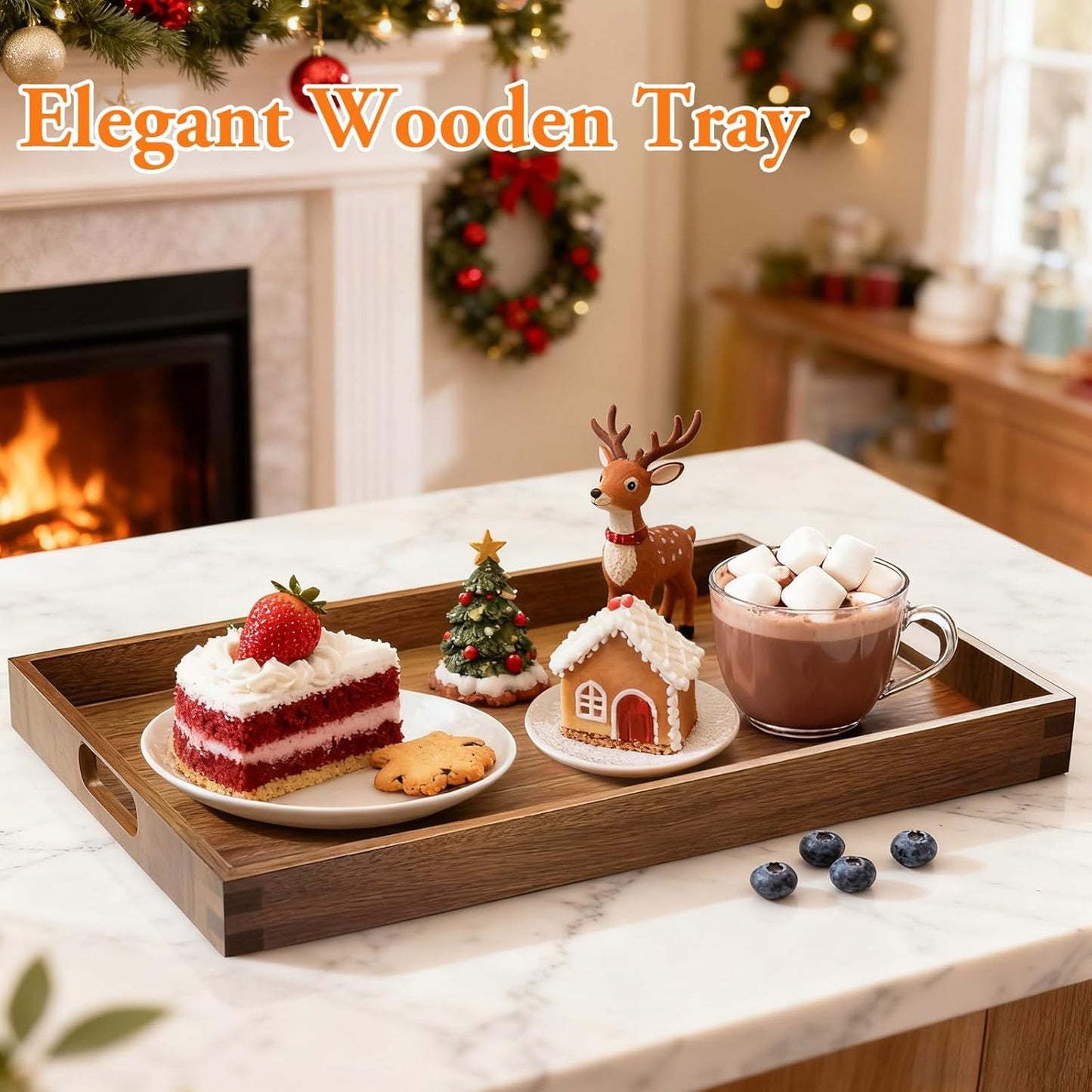 Acacia Serving Trays - 2 Pack, Acacia Wood Serving Platterss, Wood Serving Tray, Decorative Trays for Breakfast, Brunch, Dinner, Coffee Table, Party, Kitchen-M