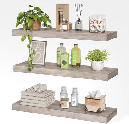 RALGEND Floating Shelves for Wall, 1.5" Thick Wall Shelf Set of 3 with Invisible Brackets, L31.5 x W7.9 Hanging Shelves Farmhouse Home Decor for Bathroom, Living Room, Bedroom, Rustic Brown 8301BJP3BF