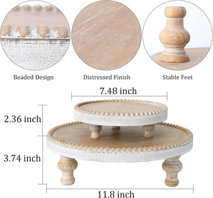 SwallowLiving Rustic Round Wood Tray Riser Farmhouse Pedestal Stand With Beaded Edge for Decor Wooden Finish Cupcake Display for Cakes and Decorative Items 11.8 inches