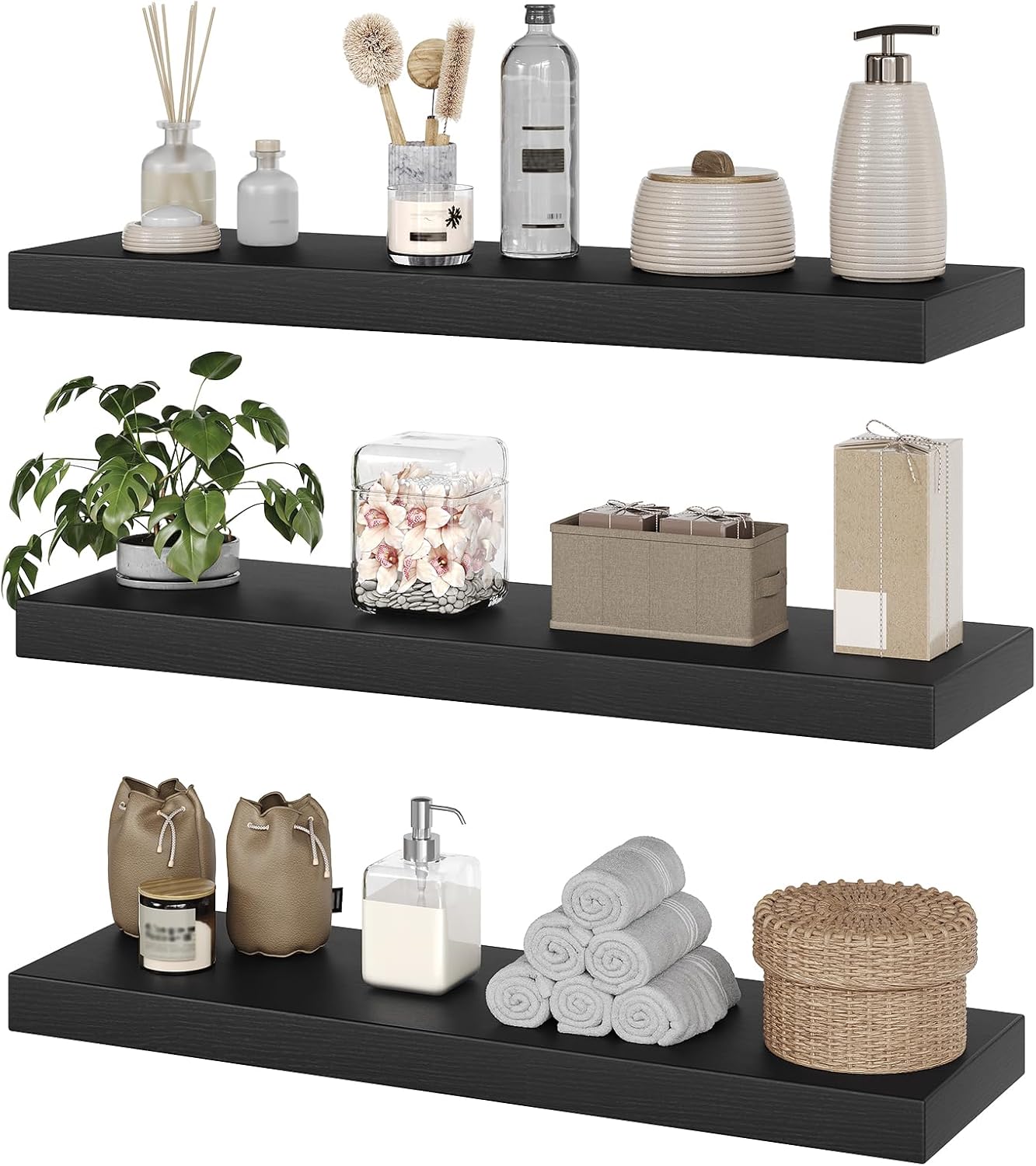 RALGEND Floating Shelves for Wall, 1.5" Thick Wall Shelf Set of 3 with Invisible Brackets, L31.5 x W7.9 Hanging Shelves Farmhouse Home Decor for Bathroom, Living Room, Bedroom, Rustic Brown 8301BJP3BF