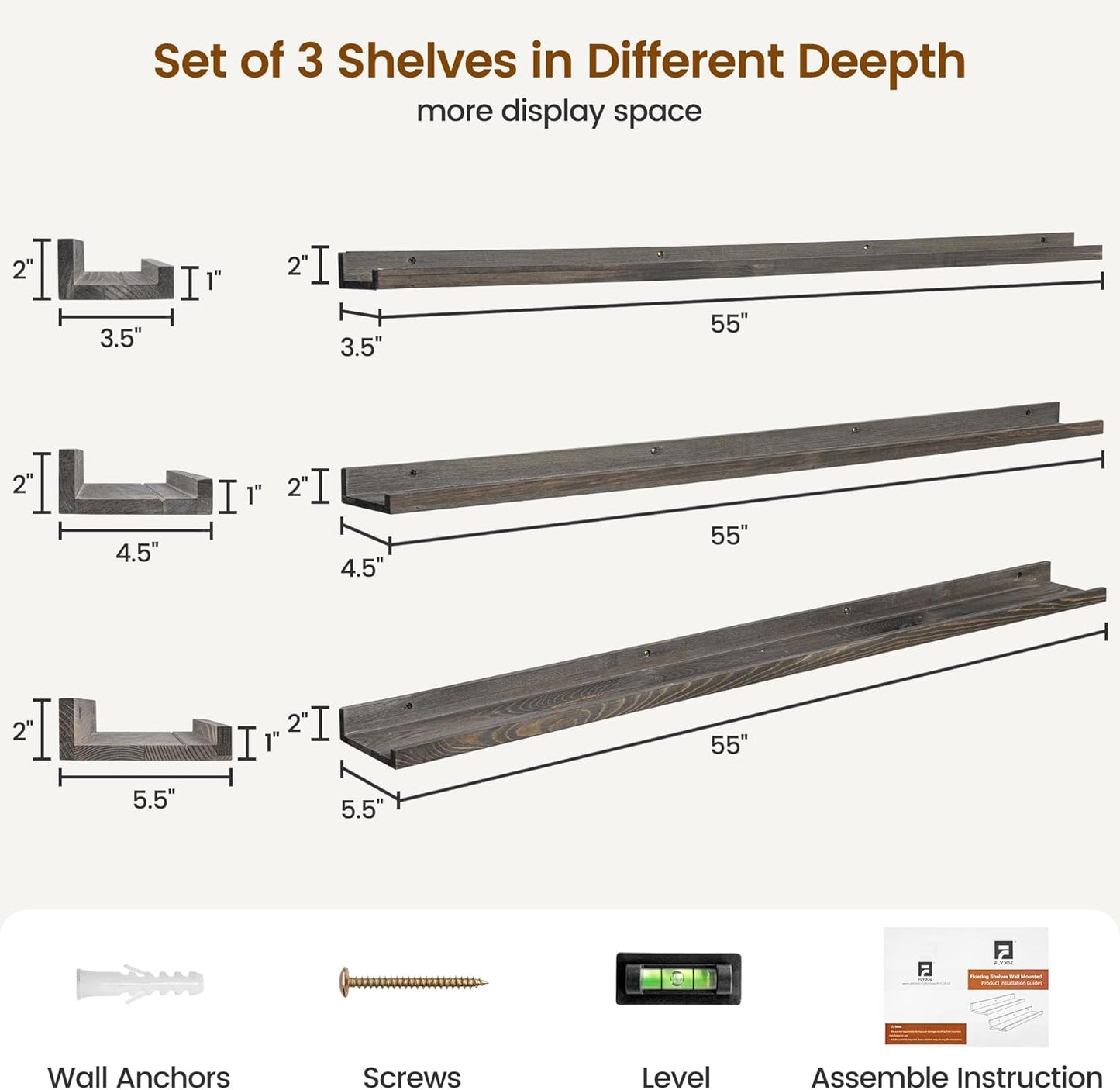 FLYJOE Picture Ledge Shelf, Floating Shelves Set of 2, Solid Pine Wood 55'' Long Large Nursery Book Shelves for Toys Storage, Kids Bookshelf for Living Room Bedroom Decor Books Photo Frames, Walnut
