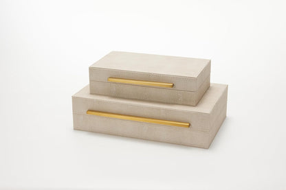 Sagala Set of 2 Ivory Shagreen Decorative Boxes With Brushed Gold Metal Handles, Faux Leather Jewelry Boxes Modern Storages Photo Memory Boxes Home Organizer Boxes (Ivory-Gold, 2pack)