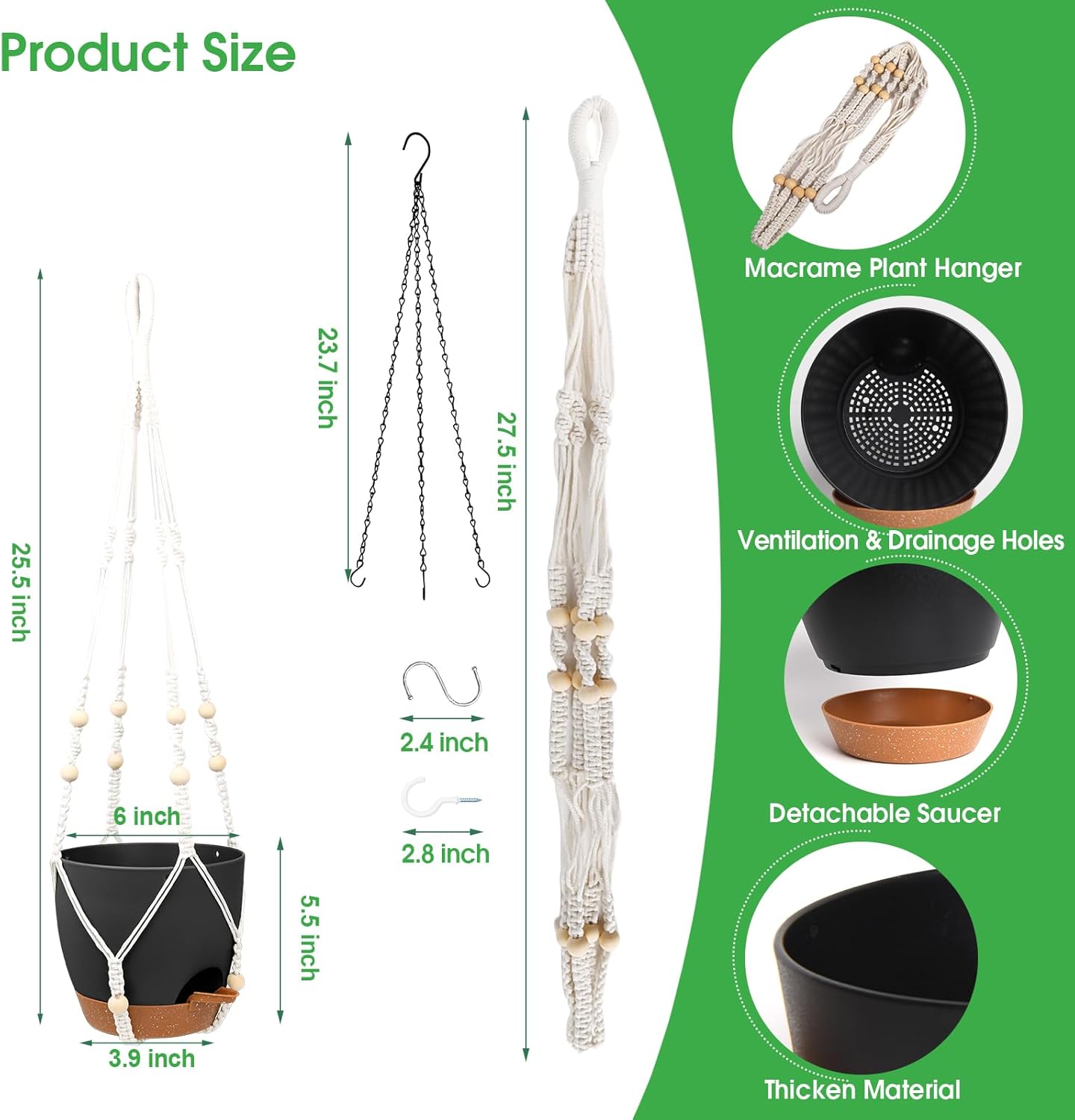 Vanslogreen Hanging Planters for Indoor Outdoor Plants, 2 Pack Self Watering Hanging Pot with Drainage Holes & Removable Tray (Black, 8'')