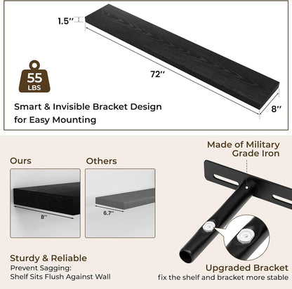 RICHFOCUS 72Inch Floating Shelves for Wall 2 Pack Shelves for Bedroom|Kitchen|Bathroom Wall Mounted Rustic Wood Floating Shelf with Invisible Brackets for Books|Storage|Decor, Rustic Brown