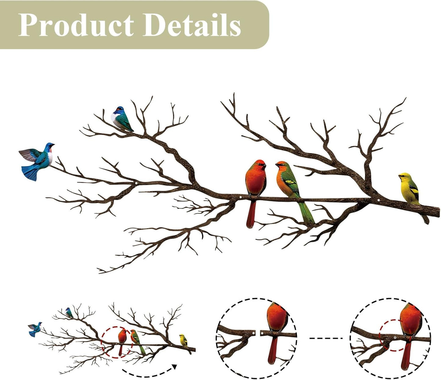 Metal Birds Wall Art, Metal Vivid Birds on Branch Silhouette Wall Decor Black Leaves with Bird Outdoor Hanging Wall Sculpture for Home Balcony Garden(Large)