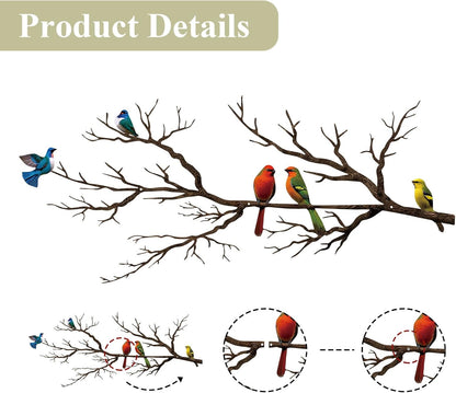 Metal Birds Wall Art, Metal Vivid Birds on Branch Silhouette Wall Decor Black Leaves with Bird Outdoor Hanging Wall Sculpture for Home Balcony Garden(Large)