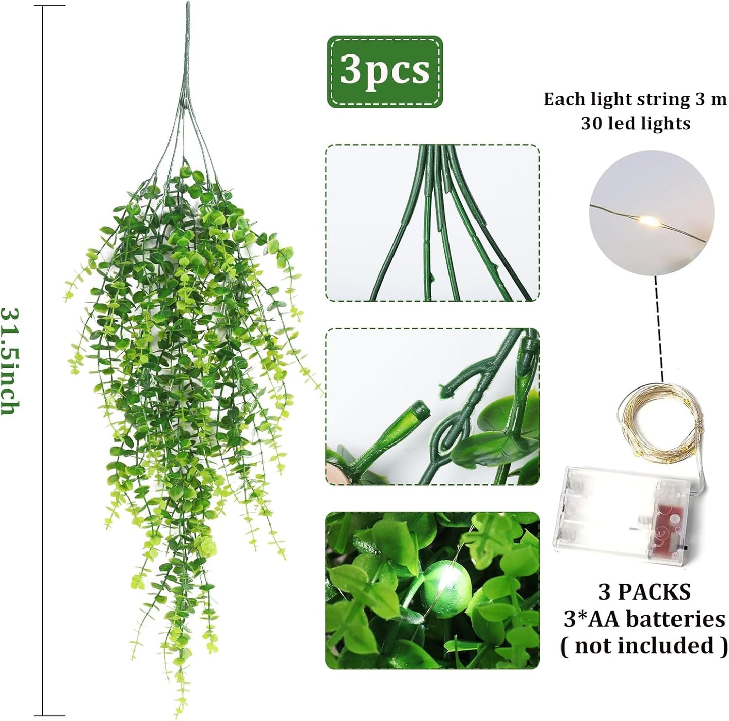 RECUTMS Artificial Hanging Plants Fake Hanging Plant Faux Eucalyptus Leaf Greenery Vine Outdoor UV Resistant Plastic Plants Home Garden Wedding Party Indoor Outdoor Decorations(White)