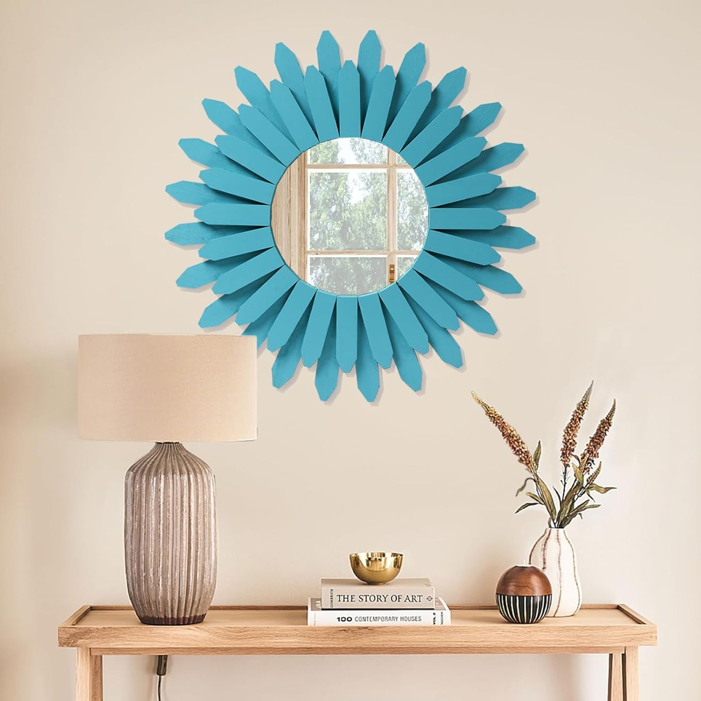 Honiway Wall Mirror Decorative 12 inch Rustic Wood Mirror Sunburst Boho Mirror for Entryway Bedroom Living Room Bathroom House Warming Gifts New Home Essential Carbonized Black