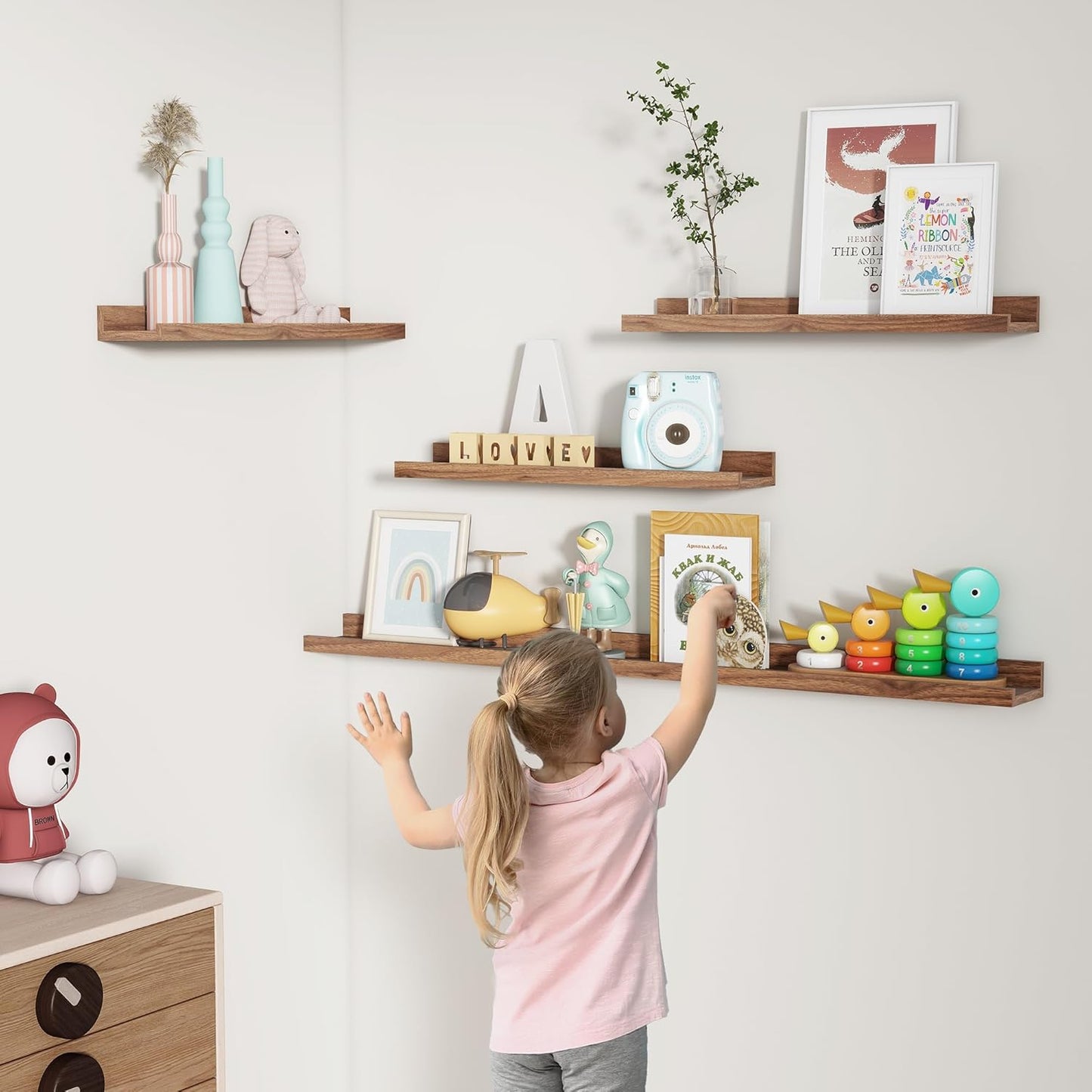 FLYJOE Picture Ledge Shelf, Floating Shelves Set of 2, 48 Inches Long Large Nursery Book Shelves for Toys Storage, Kids Bookshelf Wall Mounted for Living Room Bedroom Decor Books Photo Frames, Walnut