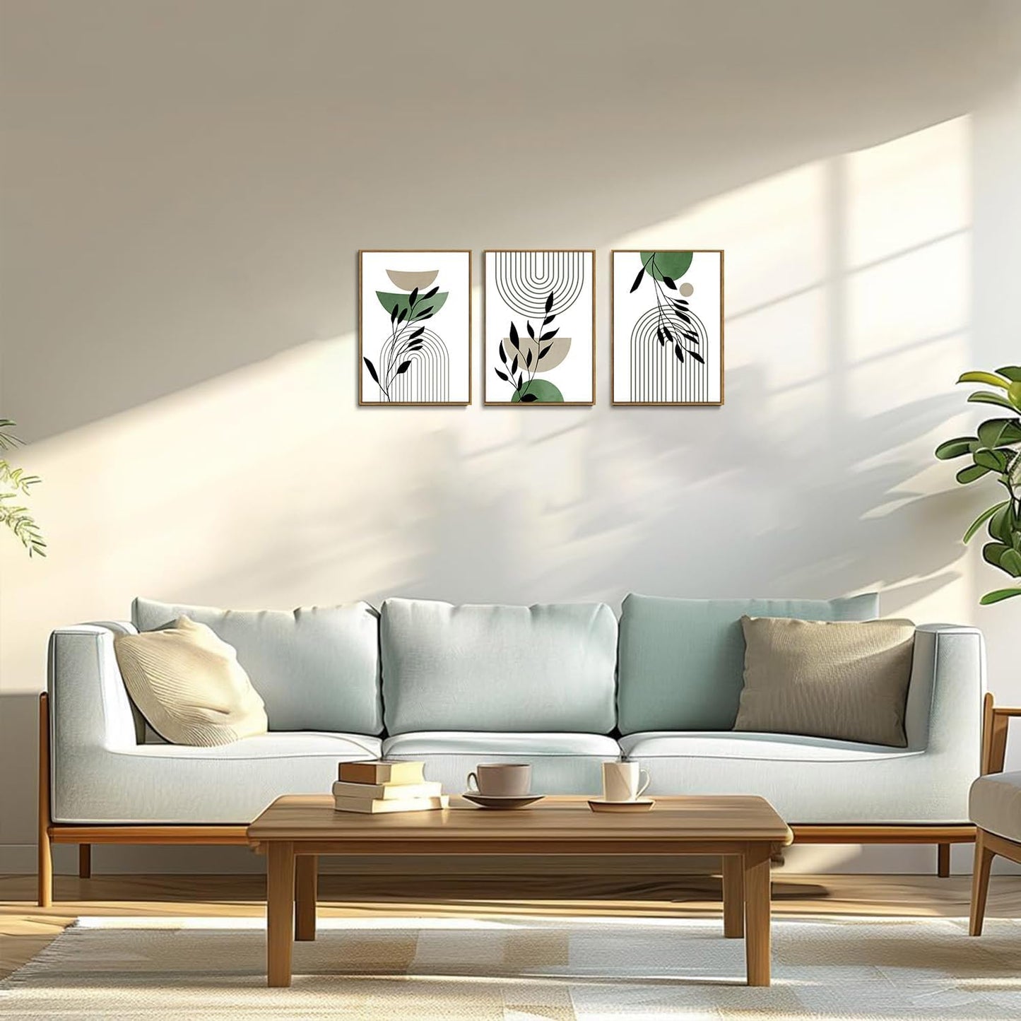 Bwodke Boho Wall Art, Framed Abstract Wall Art, Green Botanical Neutral Canvas Wall Decor, Large Mid Century Plant Pictures Set of 3, Modern Minimalist Paintings, for Bedroom Living Room Bathroom