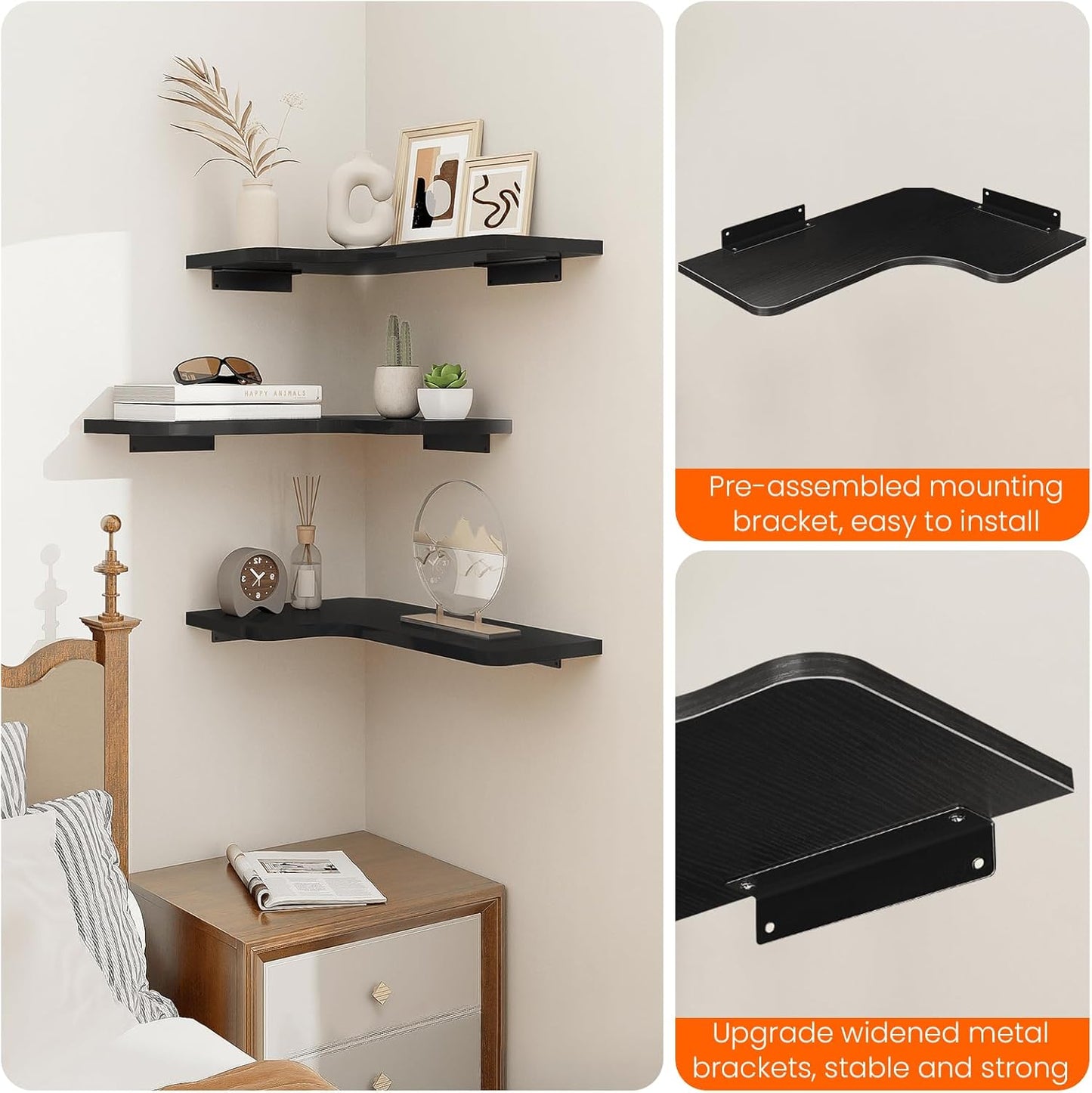 Homode Corner Floating Shelves, Set of 3 Corner Wall Shelves with Wire Hole, L-Shaped Wood Hanging Storage Shelf for Wall Decor, for Bathroom Kitchen Bedroom, White