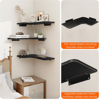 Homode Corner Floating Shelves, Set of 3 Corner Wall Shelves with Wire Hole, L-Shaped Wood Hanging Storage Shelf for Wall Decor, for Bathroom Kitchen Bedroom, White
