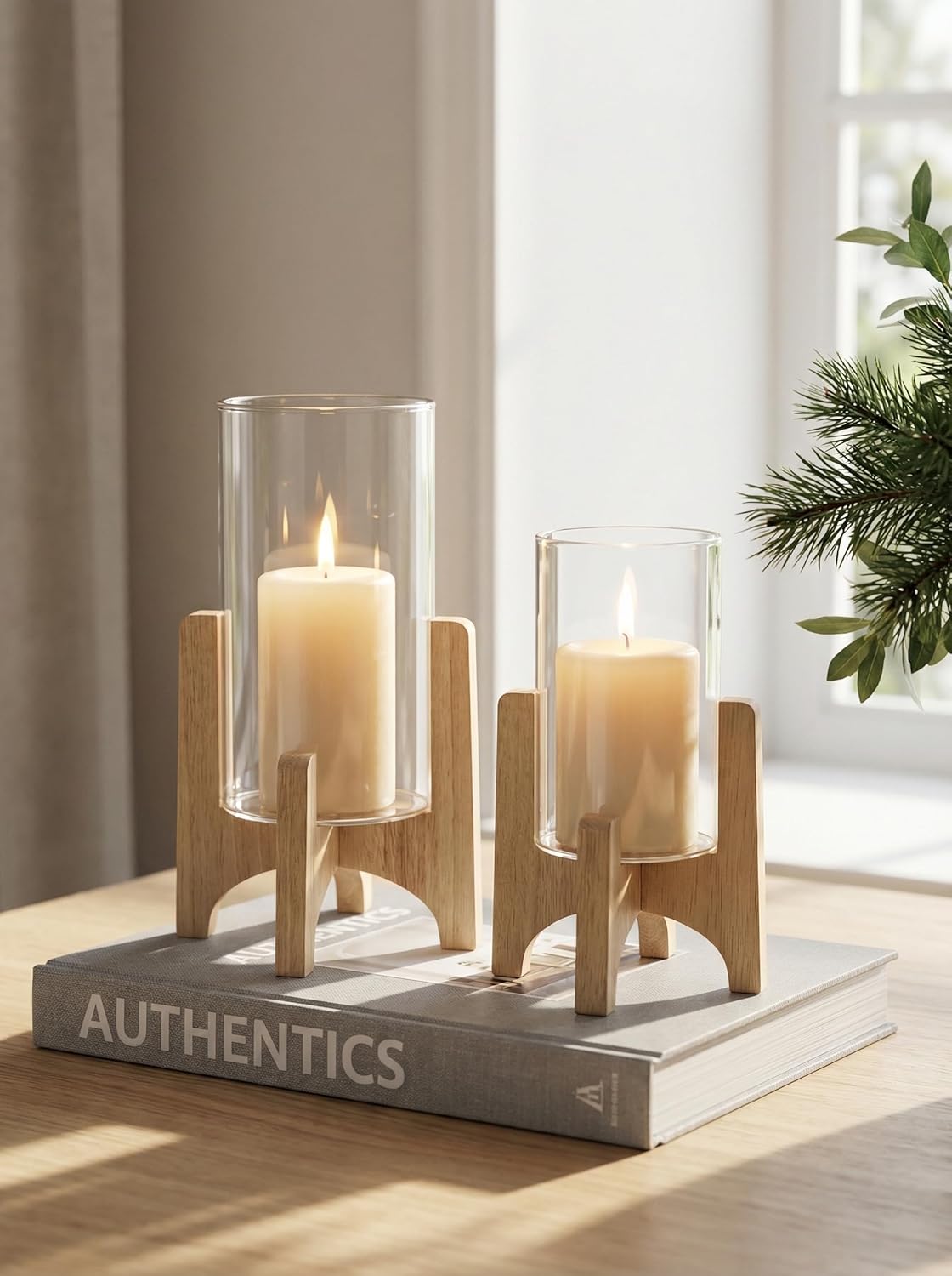 NUPTIO Hurricane Glass Candle Holders: Set of 2 Pillar Candle Holders with Wooden Stands - Mid Century Organic Modern Vases for Dining Table Centerpieces Decor