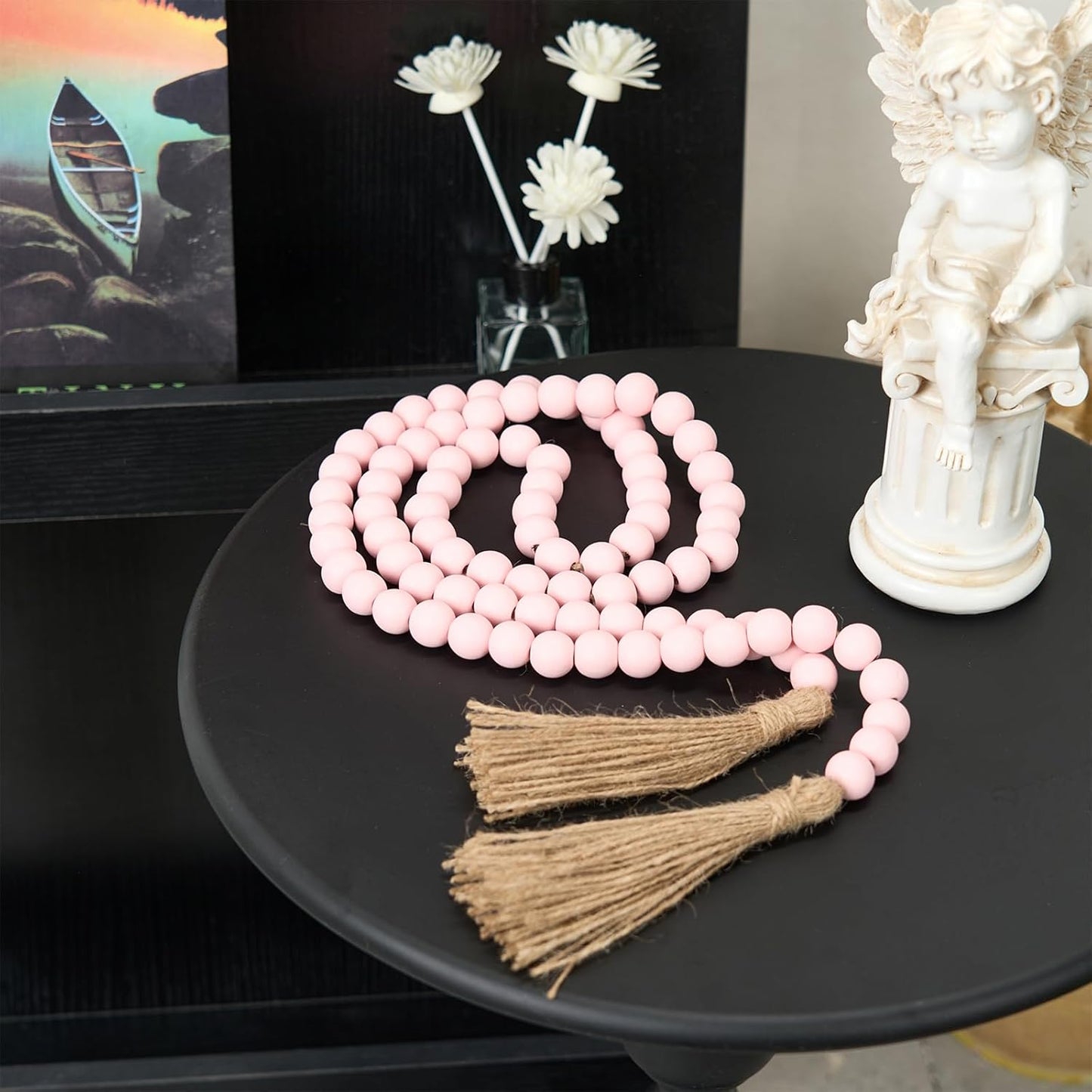 OMISHE 59in Wood Bead Garland with Tassels, Decorative Beads, Farmhouse Wooden Beads Garland for Wall Hanging Home Festival Decor, Aqua, Teal