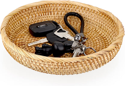 Hipiwe Small Key Basket Bowl for Entryway 7.6" Round Woven Wicker Basket Fruit Serving Tray Woven Basket Wall Decor Rattan Organizer Basket for Keys, Wallet,Whitewash