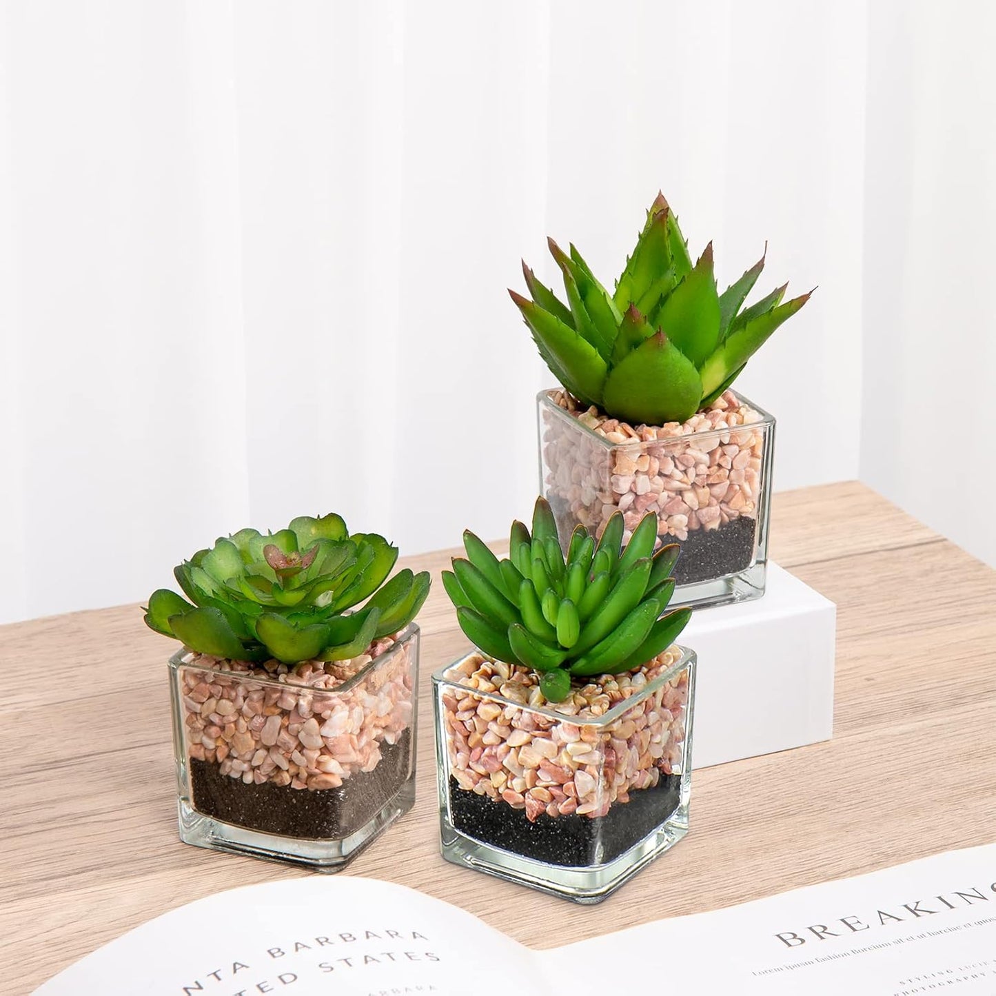 Briful Mini Fake Plants 4 Packs Succuletns Artificial Potted Plants in Cube Glass Vase Faux Succulents for Bathroom Living Room Kitchen Shelf Table Decor