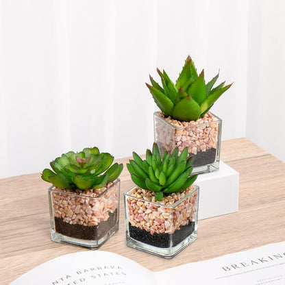 Briful Mini Fake Plants 4 Packs Succuletns Artificial Potted Plants in Cube Glass Vase Faux Succulents for Bathroom Living Room Kitchen Shelf Table Decor