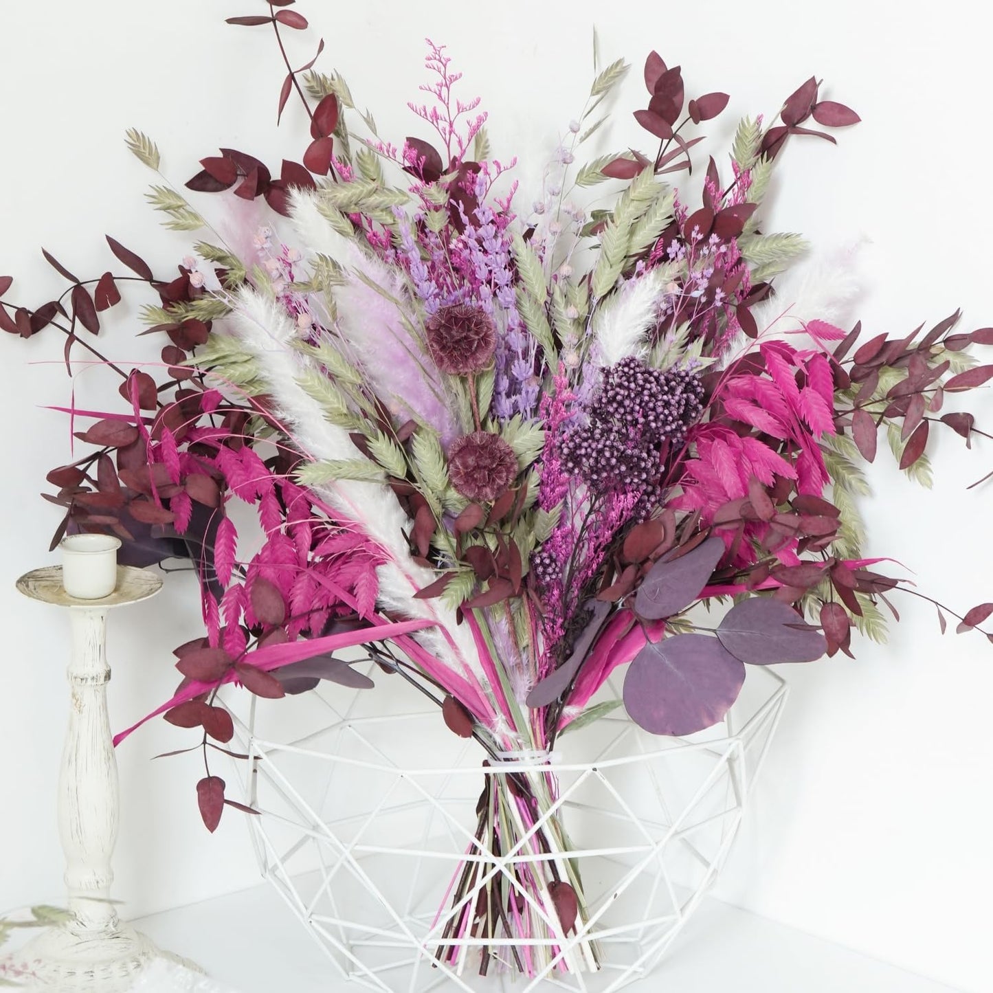 Blush Pink & Burgundy Dried Flower Bouquet, Cream Pampas Grass with Sage Green & Eucalyptus, Boho Dried Flowers for Wedding, Home Décor
