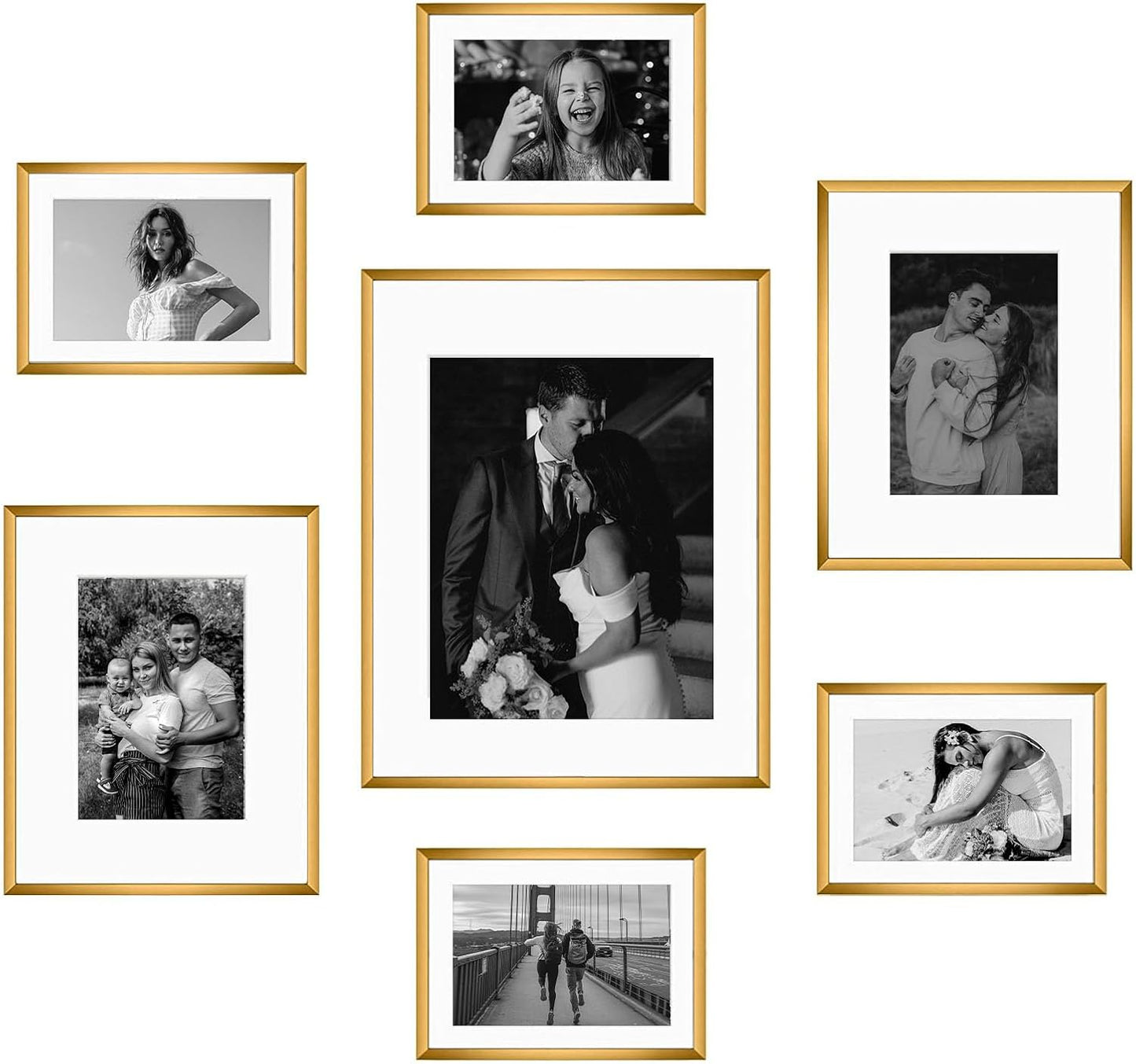 Frametory, Black Aluminum Picture Frame with Removable Mat - Set of 7 Includes Four 5x7, Two 8x10, One 11x14 - Real Glass Front - Simple Gallery Wall Frames for Art Prints and Posters