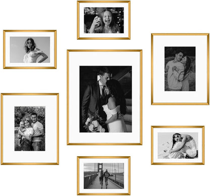 Frametory, Black Aluminum Picture Frame with Removable Mat - Set of 7 Includes Four 5x7, Two 8x10, One 11x14 - Real Glass Front - Simple Gallery Wall Frames for Art Prints and Posters