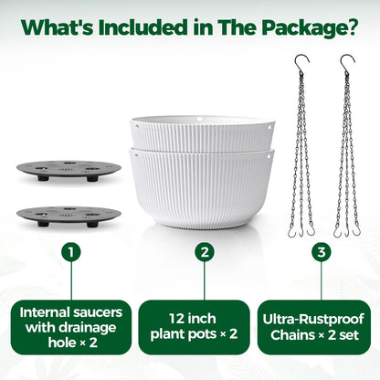 T4U 10 Inch Hanging Planters for Indoor Plants, 2 Pack White Self Watering Hanging Plant Pot, Hanging Pots Set with Drainage Hole & Plug & Chain with 3 Hooks for Garden Home Decor