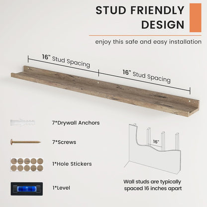 FLYJOE Picture Ledge Shelf, Floating Shelves Set of 2, 48 Inches Long Large Nursery Book Shelves for Toys Storage, Kids Bookshelf Wall Mounted for Living Room Bedroom Decor Books Photo Frames, Walnut
